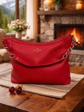 kate spade Red Pebbled Leather Shoulder Bag with cherry charm